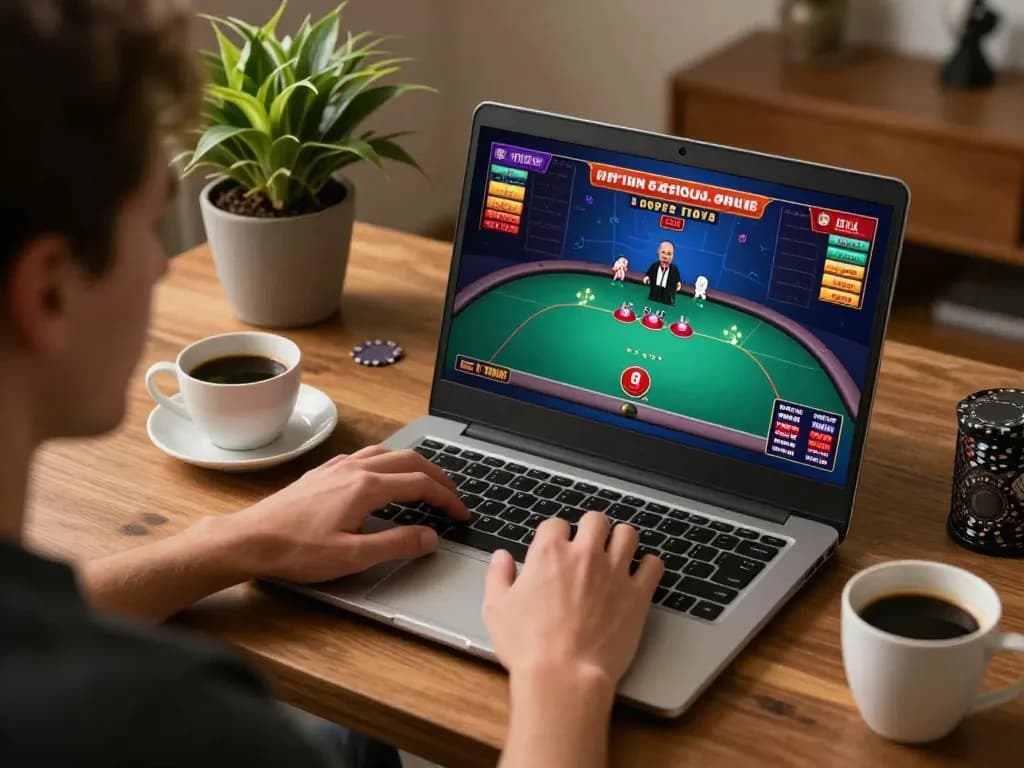 Engaging online poker game on a laptop screen showcasing nk88 with strategy notes nearby.