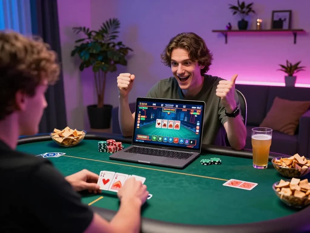 sin88 player strategizing during an engaging home poker game with vibrant setup