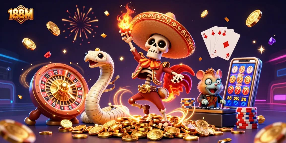Engaging scene of 188M casino featuring golden treasures and lively characters celebrating gaming wins.
