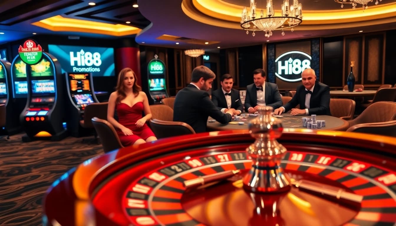 Players enjoying a thrilling game at Hi88 casino, featuring roulette and poker tables with vibrant lights.