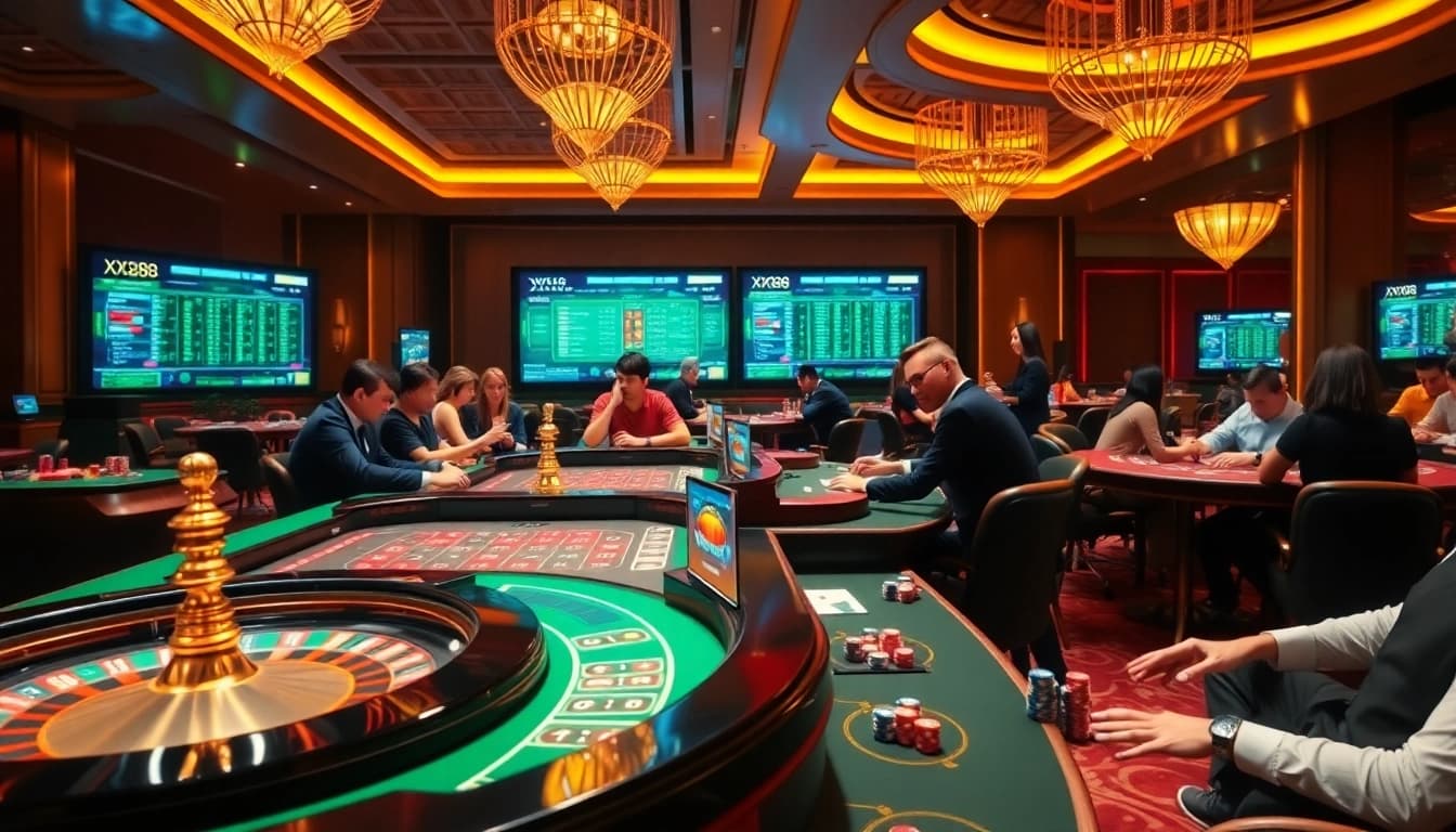 Players strategize at a vibrant table with XX88 branding, showcasing their betting skills in an engaging online casino.
