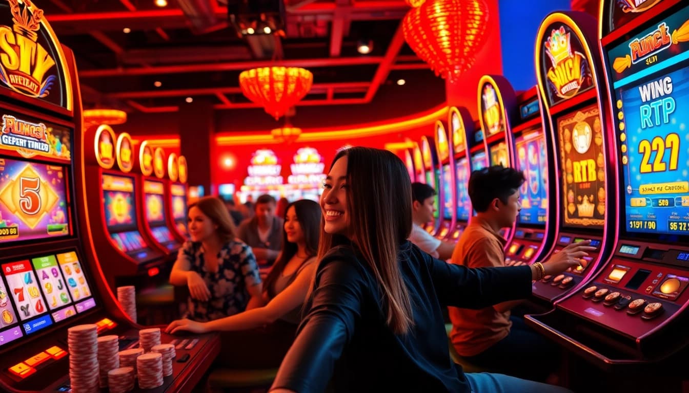 Engaged players enjoying KING88's vibrant slot machines in a lively casino setting.