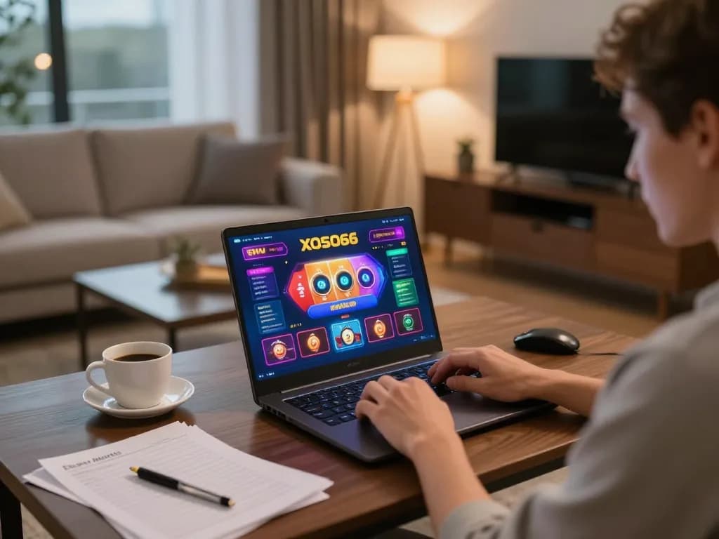 Xoso66 player engaging in online gaming from a cozy home setup, showcasing responsible gambling
