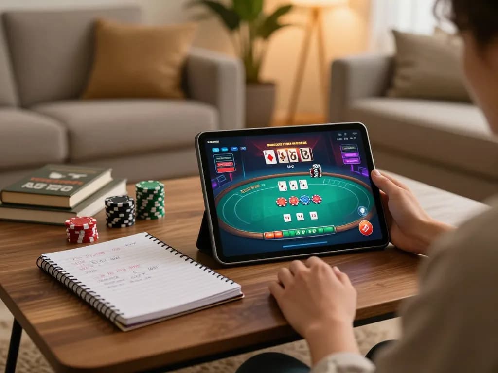 Engaged player using okking casino app on tablet with strategic notes.