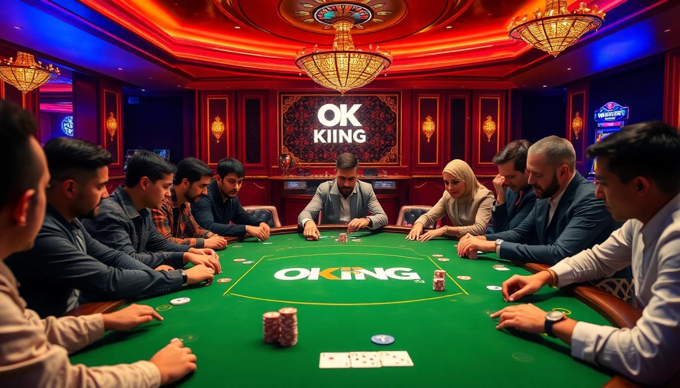 Experience the thrill of OKKING casino with players enjoying high-stakes poker amid vibrant decor.