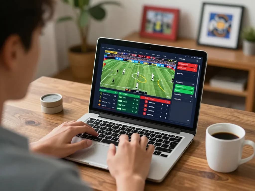 Engaging in online sports betting with urr88 through live game interfaces on a cozy setup.