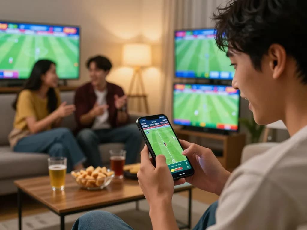 Engaging in บอล ออนไลน์ sports betting excitement with friends using smartphone.