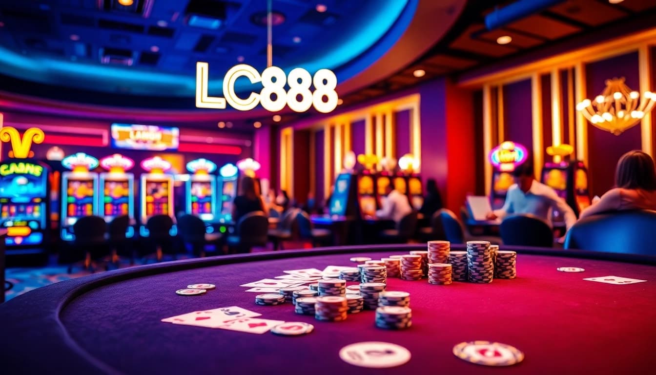 Players enjoying an exciting gaming experience at LC88 casino, featuring vibrant tables and luxurious atmosphere.