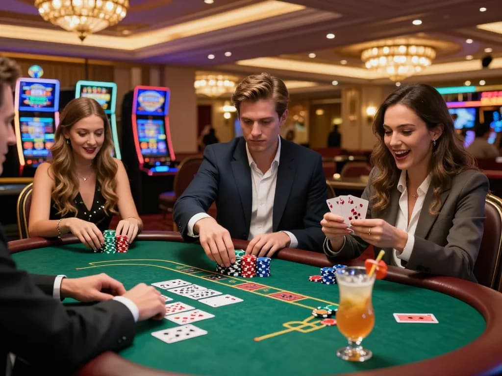 Enthusiastic poker players enjoying a game at Max81 casino with vibrant chips and cards.