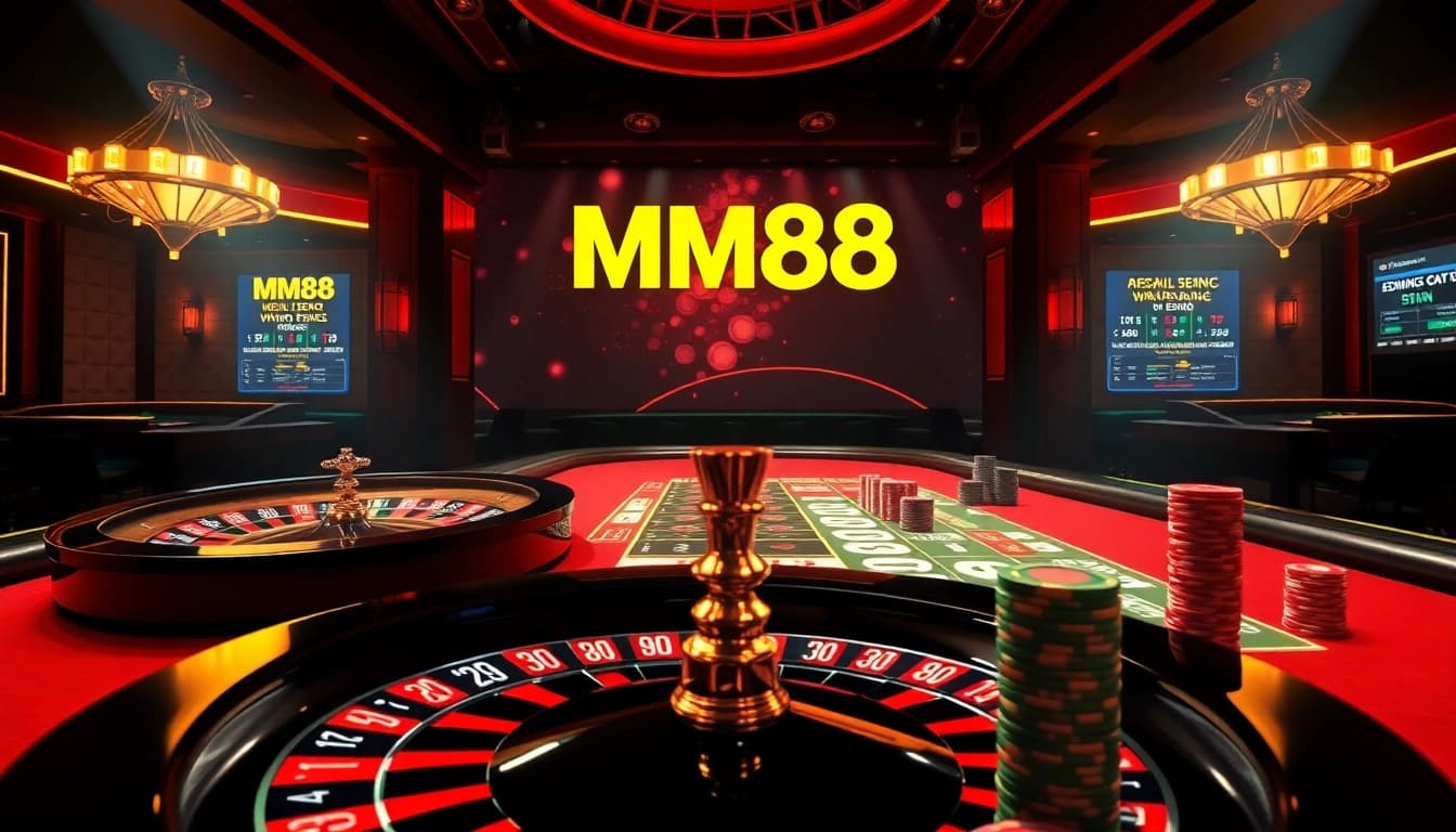 A gambler enjoying the MM88 online casino experience with vibrant roulette and poker gaming elements.