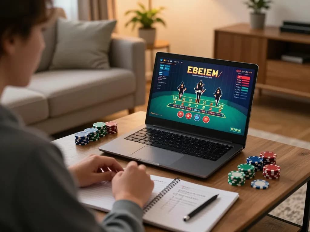 DOLA789 player engaged in online gaming with laptop displaying live blackjack.