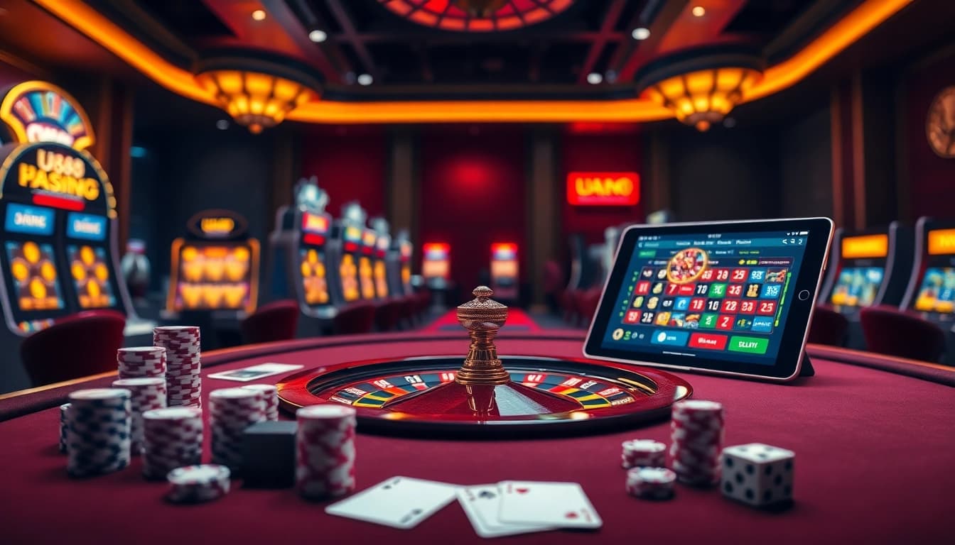 Experience thrilling U888 gaming with poker chips, cards, and a glamorous casino backdrop.
