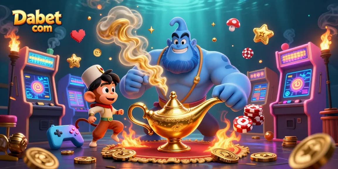 Experience the excitement with Dabet com as a genie, monkey, and poker chips create a vibrant casino atmosphere.