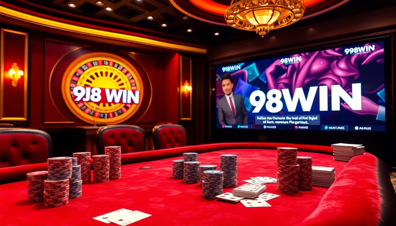 98WIN promotions showcased on a luxurious casino table with poker chips and cards.
