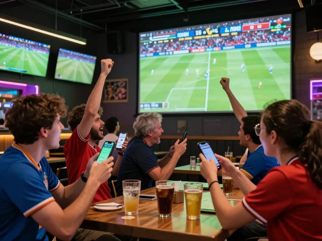 Xoilac bóng đá fans enjoying live soccer match and betting using mobile apps in a vibrant sports bar.