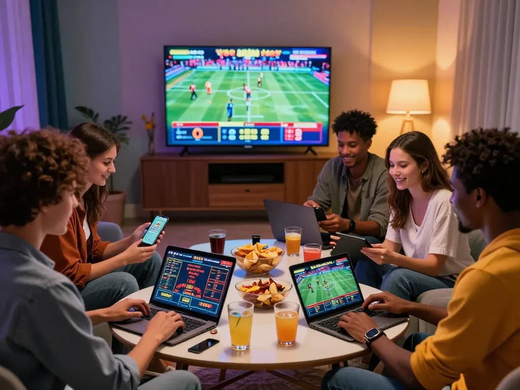 Exciting online gambling scene with friends enjoying O8 games on multiple devices in a vibrant living room setting.
