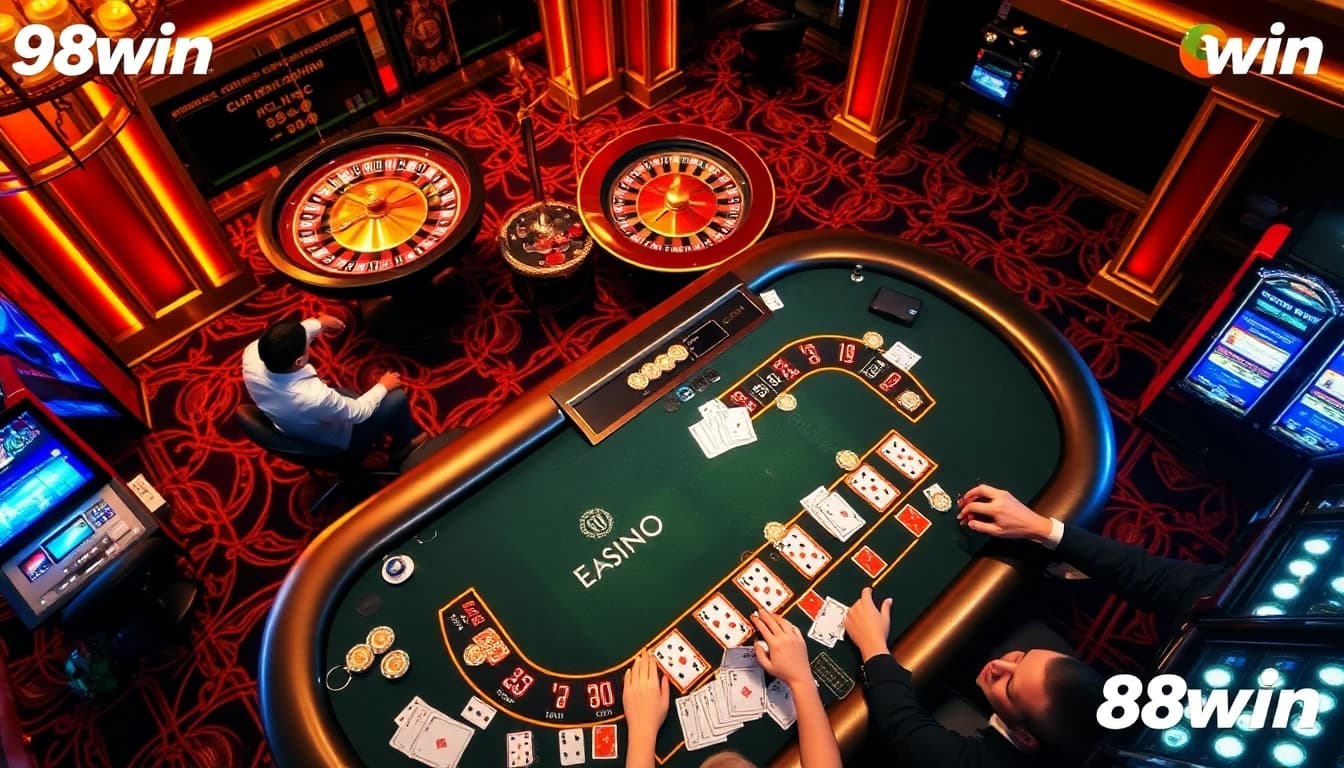 Players enjoying blackjack at a vibrant casino scene featuring 98win branding and exciting game elements.