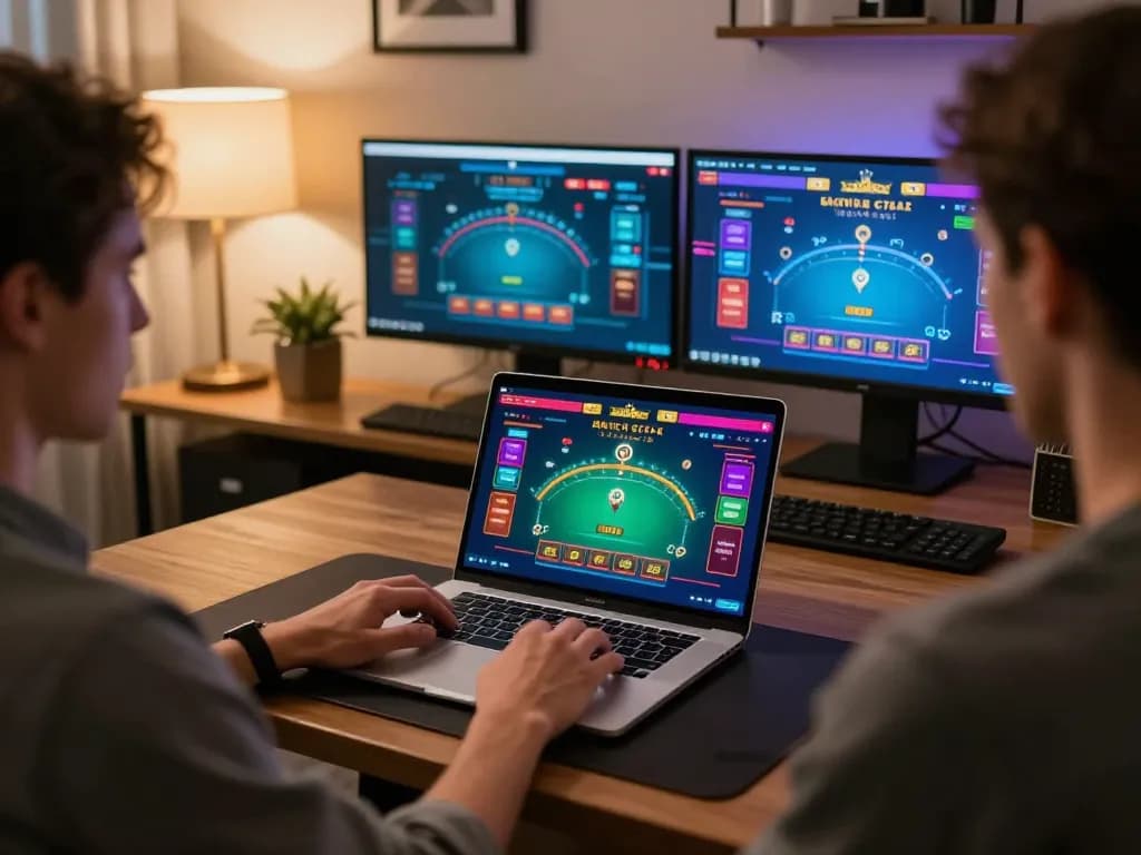 Engaging in a strategic vebotv online blackjack game on a sleek laptop with vibrant visuals.