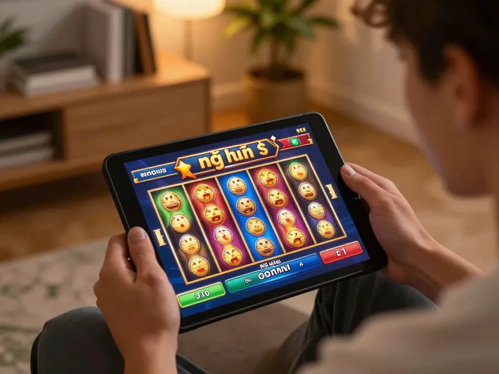 Engaging with nổ hũ on tablet in a cozy home gaming setup, showing vibrant slot action.
