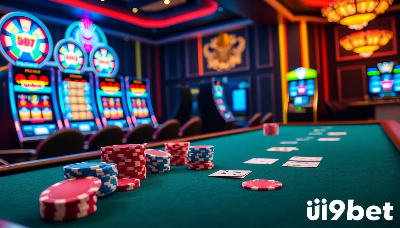 Experience the excitement of i9bet with vibrant casino tables and colorful betting chips.