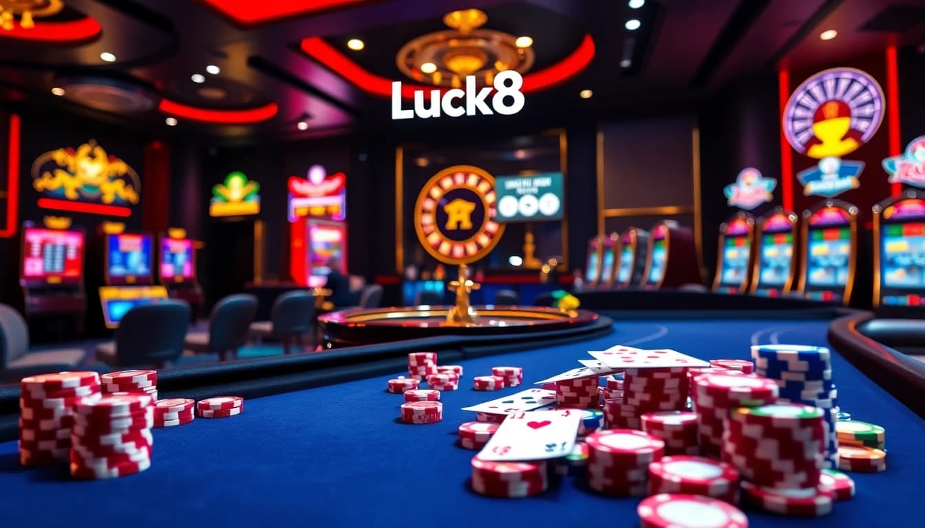 Experience excitement with online gambling at https://luck8.media/ featuring poker chips, dice, and a roulette wheel.