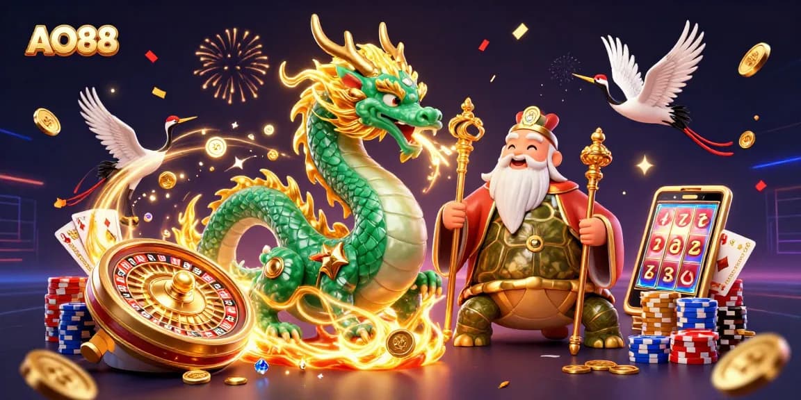 Engage in thrilling AO88 gaming with a jade dragon and captivating casino elements.