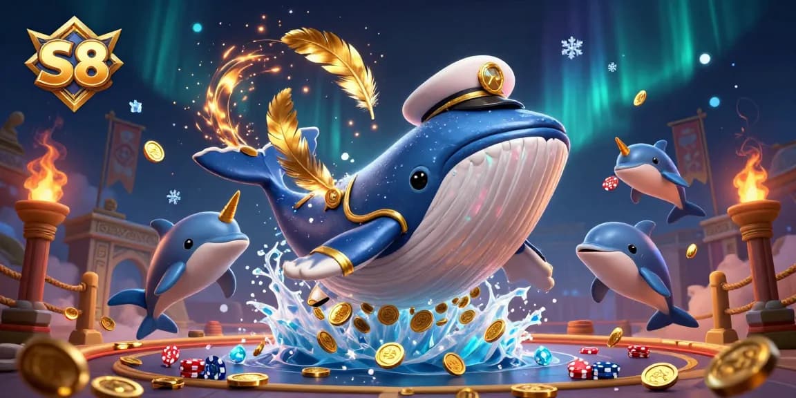 S8 offers exciting gaming with a colossal whale captain amidst coins and playful dolphins.