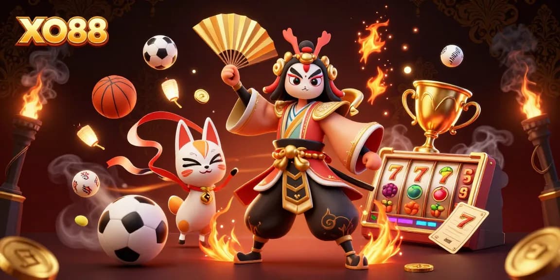 XO88 offers dynamic gaming experience with kabuki warrior and colorful slot elements in vibrant scene.