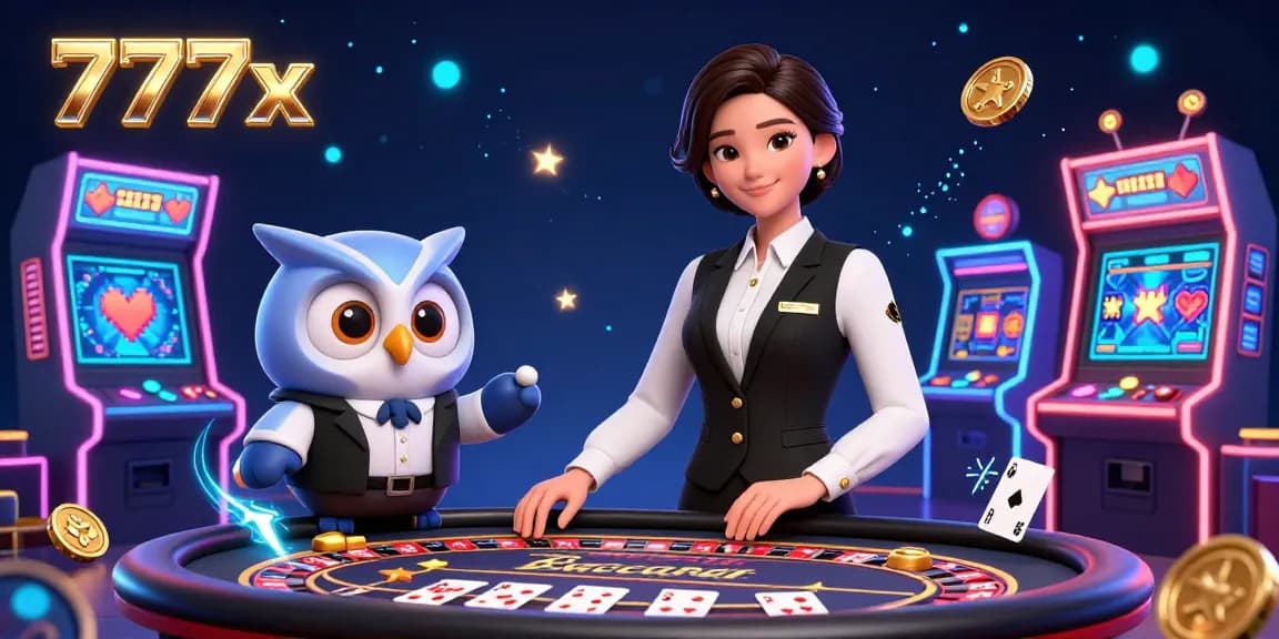 Experience the thrill of 777x at a vibrant casino with Asian dealer, roulette, and arcade games.