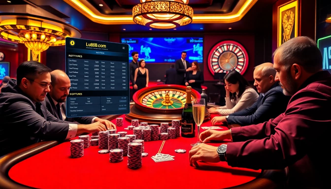 Players enjoy an exciting poker game at lu88bb.com with vibrant chips and a roulette wheel.