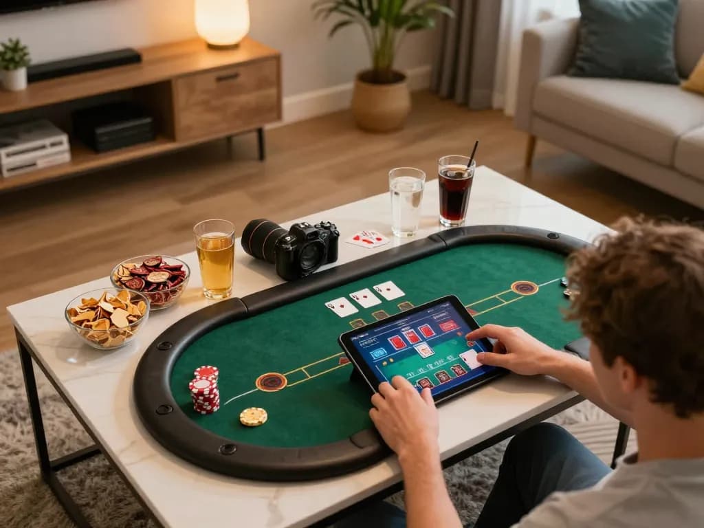 Engaging scene of online poker gameplay at home, enhancing mb66 gaming experience with snacks and drinks