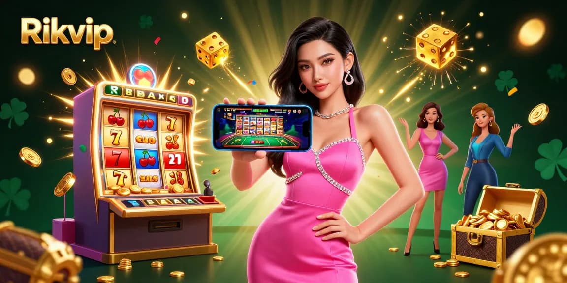 Experience Rikvip's vibrant casino with a stunning Asian woman enjoying dynamic gaming.