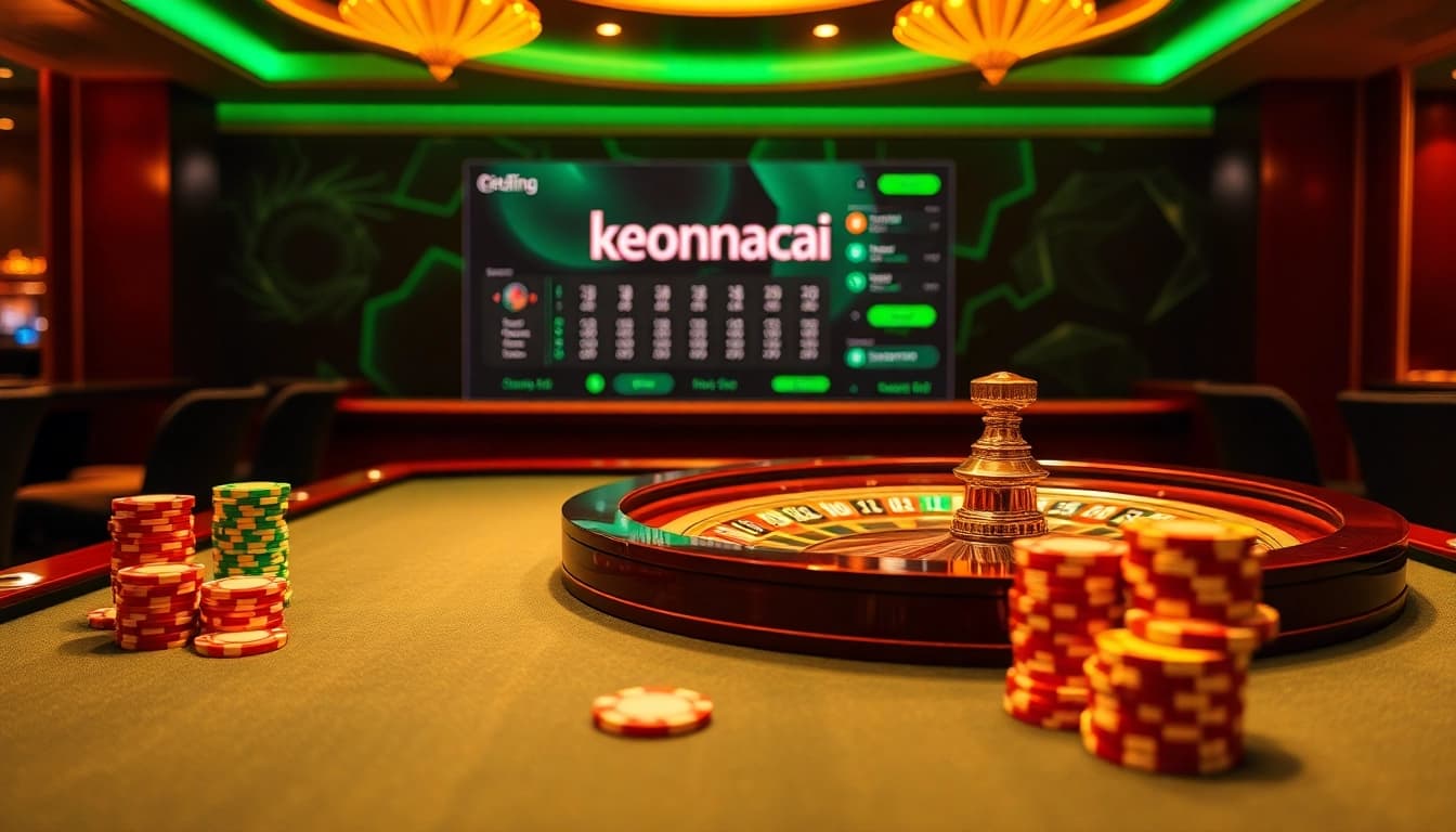 Engage with keonhacai's thrilling casino scene featuring vibrant poker chips and a roulette table.