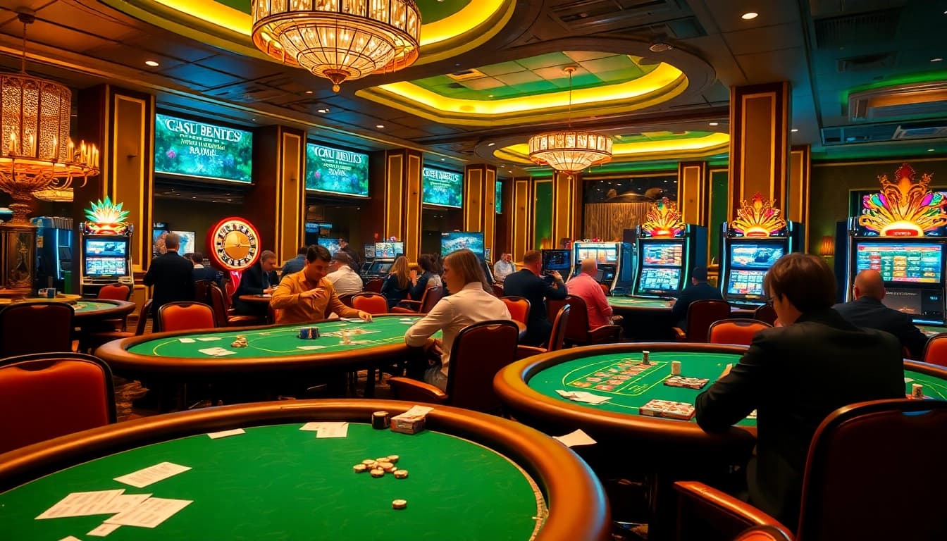 A thrilling KJC casino scene showcasing a busy poker table surrounded by excited players and vibrant slot machines.