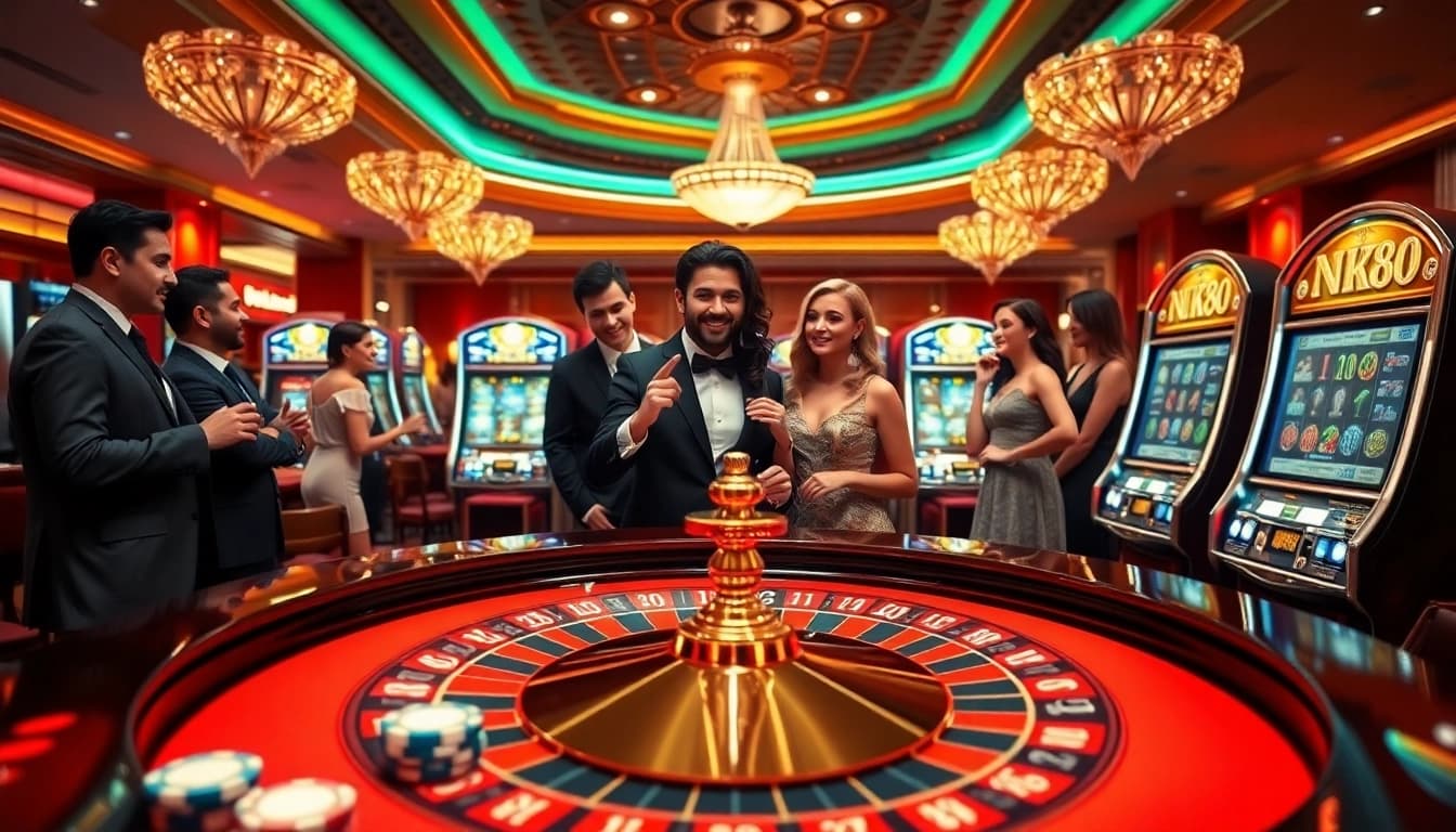 nk88 players celebrate a win at a luxurious casino roulette table.