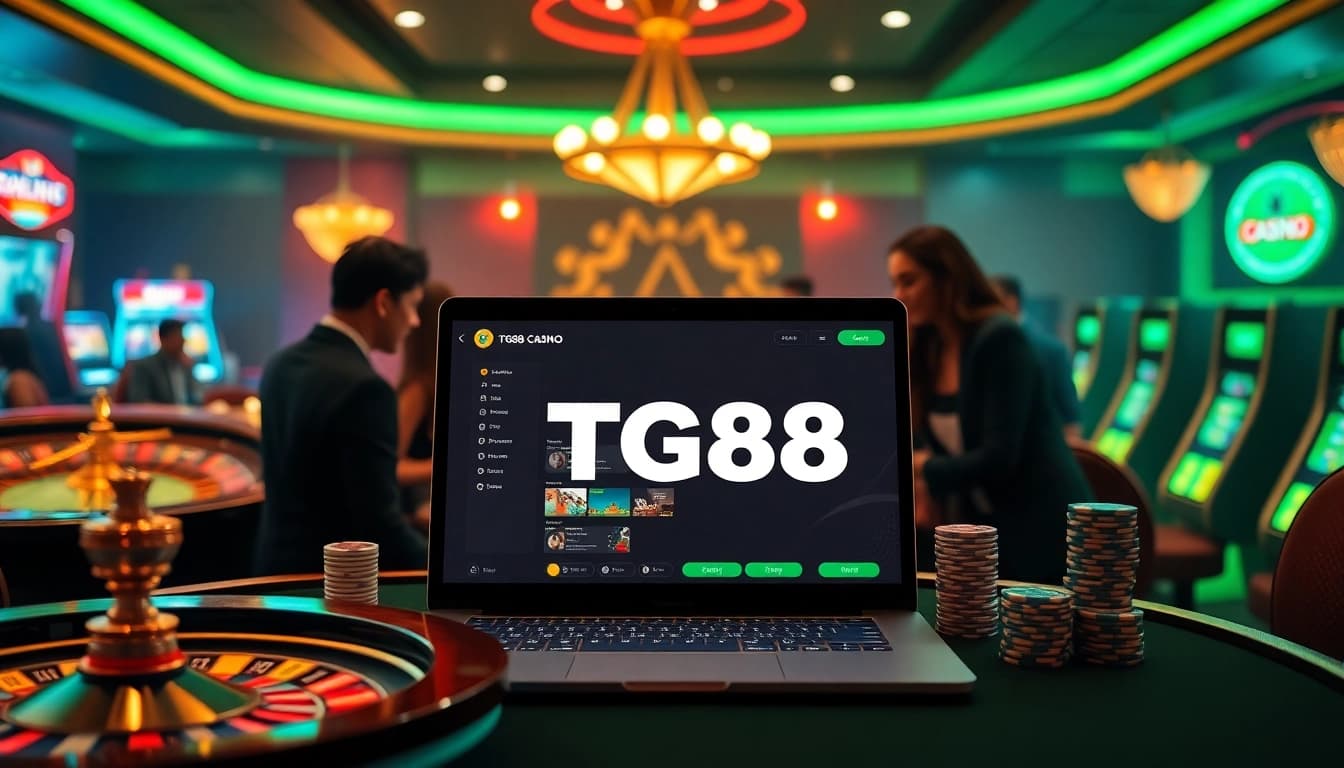 Experience the thrill of online gambling with TG88 featured in this luxurious casino scene.