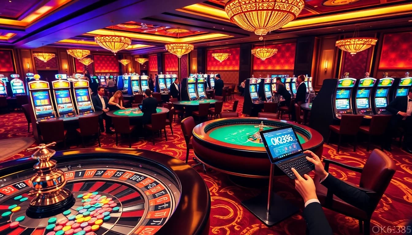 Gambling excitement at OK8386's vibrant casino floor with roulette and poker games.