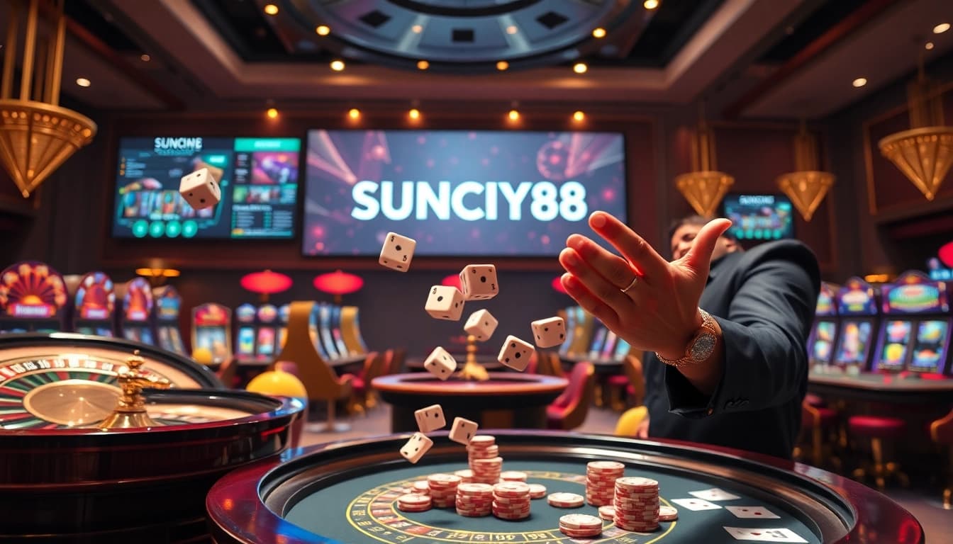 Experience the thrill of SUNCITY88 with exciting poker tables and vibrant gaming elements.