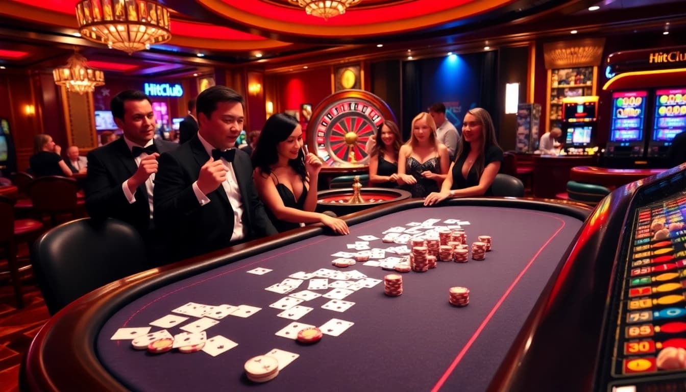 Hitclub casino table with vibrant poker scene and neon lights, showcasing high-stakes excitement.