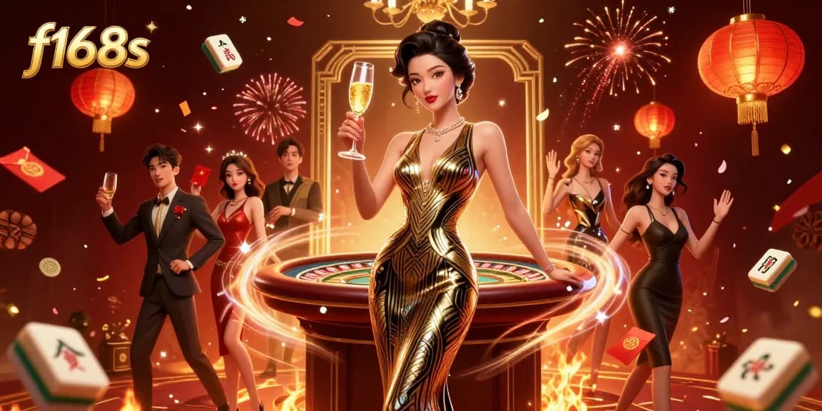 Experience the excitement of f168s casino with a glamorous scene featuring Asian elegance and festive gambling elements.
