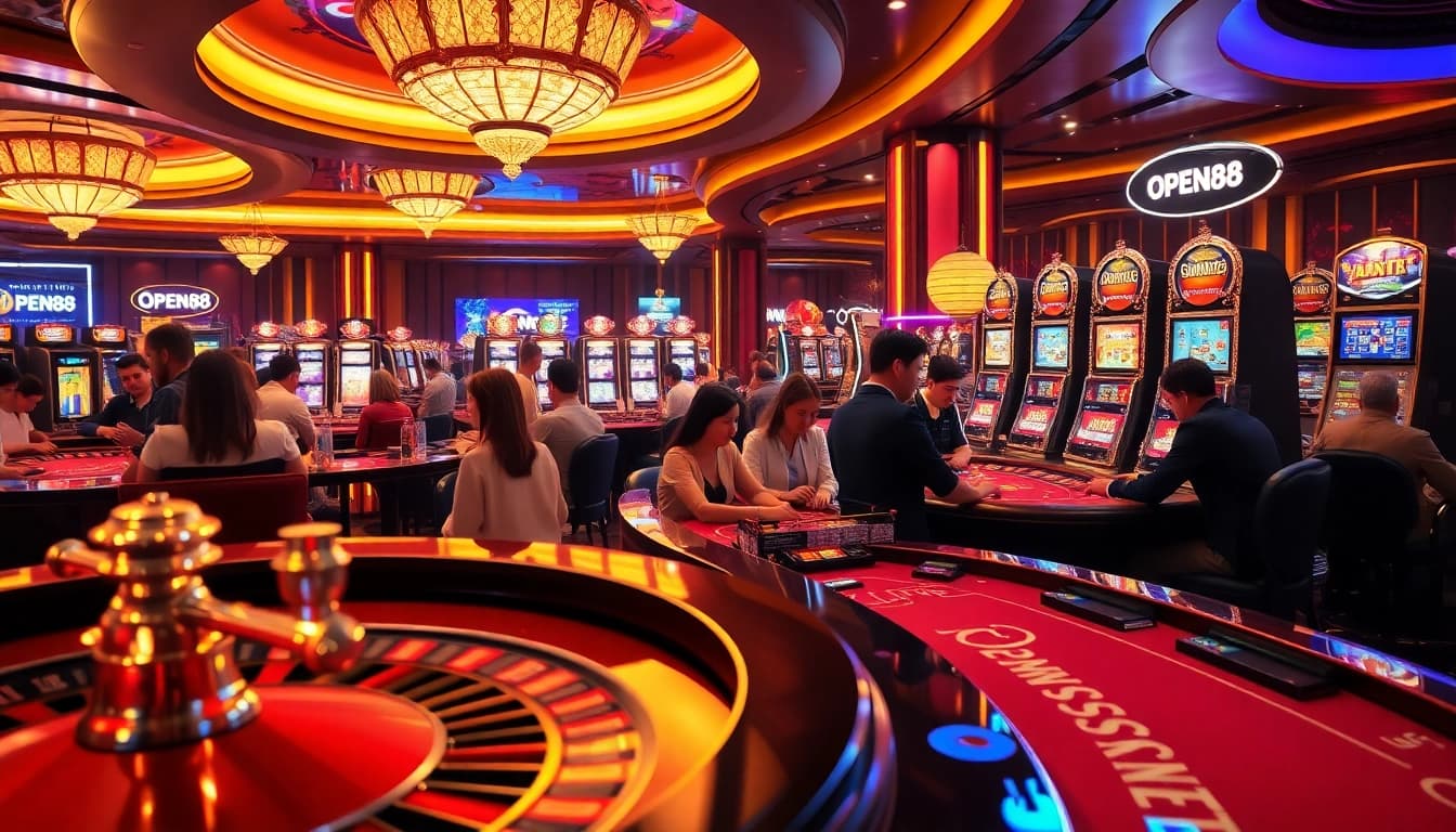 Casino action with OPEN88 branding on luxurious gaming tables, showcasing excitement and elegance.