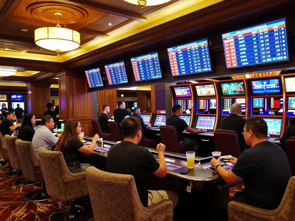 Sports bettors engaging with kèo nhà cái odds at a luxurious casino sportsbook, showcasing excitement and camaraderie.
