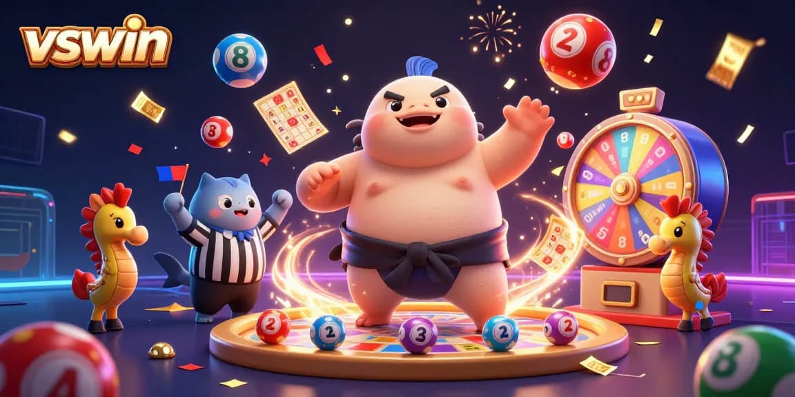vswin promotes a thrilling online gaming experience with dynamic lottery elements and festive characters.