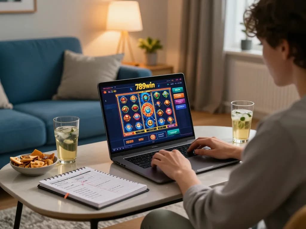 Engaging online casino gaming on 789win with a player focused on a laptop in a cozy home setting.