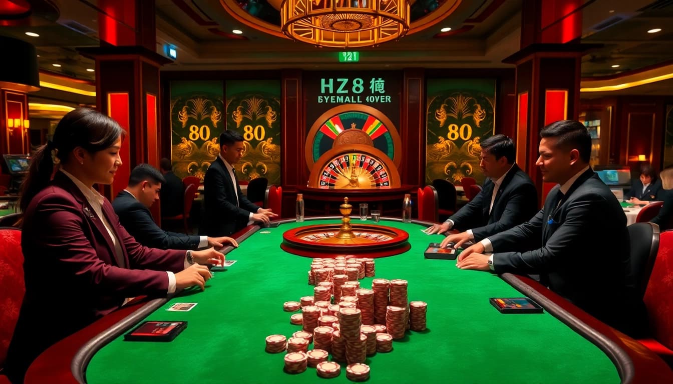 Playing at the luxurious hz88 casino with professional dealers and vibrant poker tables.