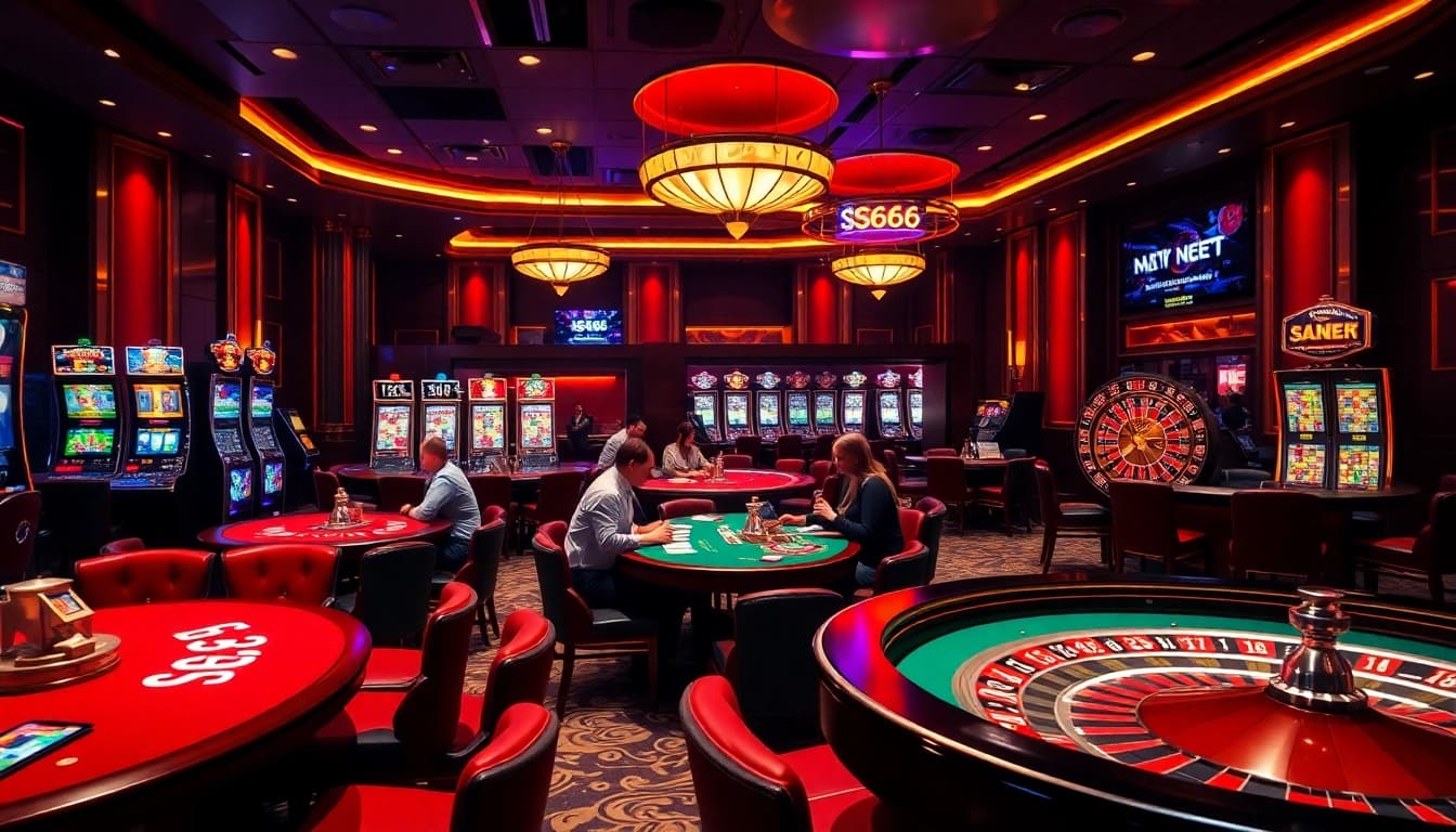 Exciting gaming action at S666 casino featuring poker tables, slot machines, and roulette wheels.