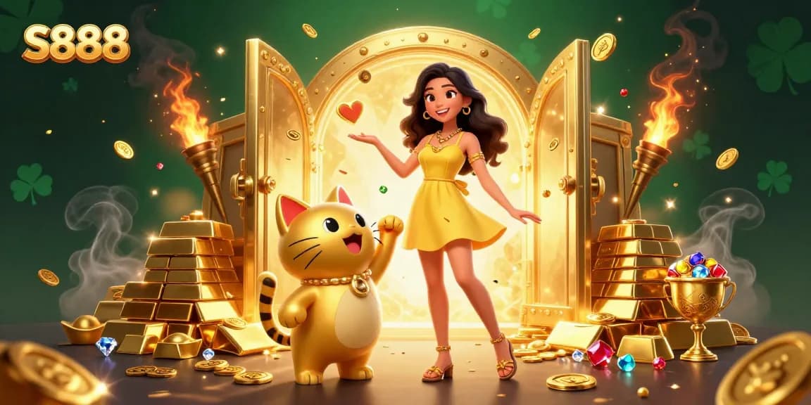 S888's interactive casino ambiance flourishes with a golden lucky cat and joyful gamer.