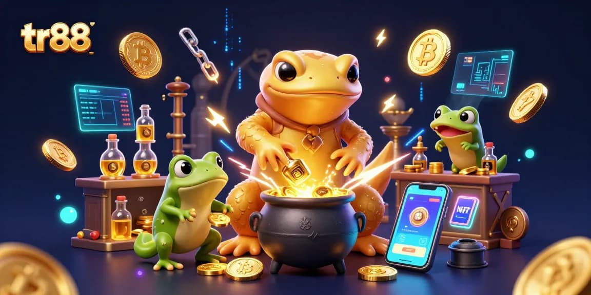 Experience the excitement of tr88 with a magical alchemist transforming coins in this vibrant casino illustration.