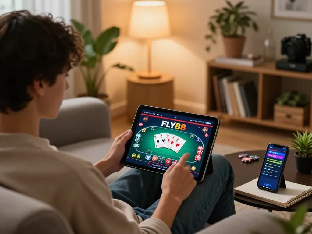 FLY88 user engaging in online poker gameplay with tablet and strategy notes in cozy setting.