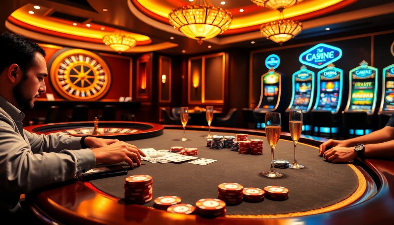 Experience the excitement of gambling at https://mm88.moe/ with a vibrant casino scene featuring poker and roulette action.